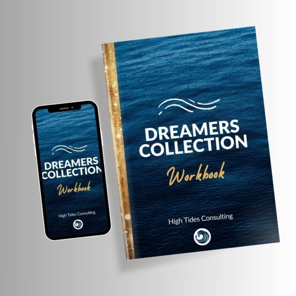 Product image of the Dreamers Collection Workbook, showing the cover design with its blue water background on a physical copy and a smartphone.